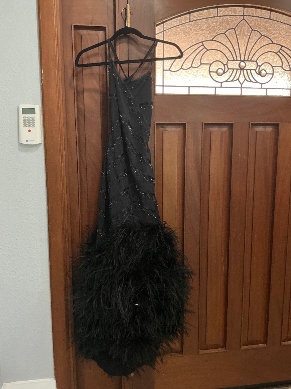 bebe: Black Sequined Striped Feather Hem Maxi Dress